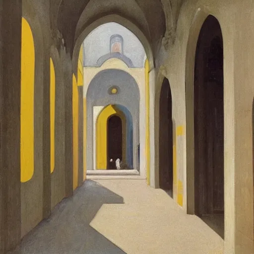 Image similar to in the distance, a little girl with short black hair and wearing a yellow coat alone in the inner courtyard of an abbey, the light is bright and wintry, painting by hopper and de chirico