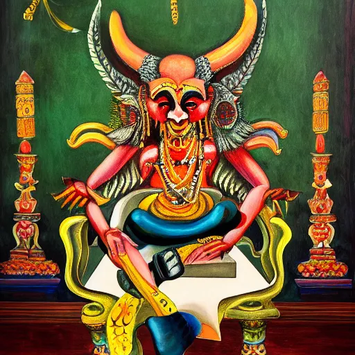 Image similar to a painting of a demon sitting on top of a chair, a detailed painting by ram chandra shukla, pixiv contest winner, bengal school of art, detailed painting, maximalist, art on instagram