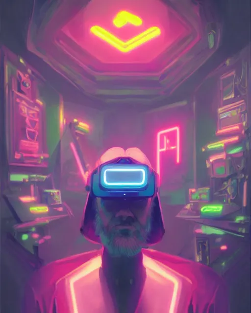 Prompt: portrait of cyber dumbledore wearing a vr set with lots of neon sitting in his room by greg rutkowski, perfect faces, fine details