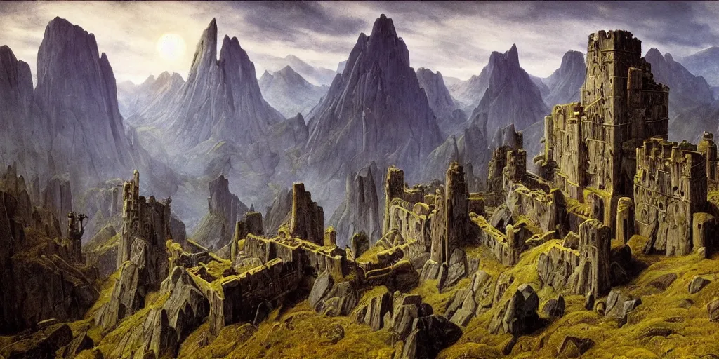 Prompt: The dwarven mountain kingdom | dwarven fortress | Caspar David Friedrich |