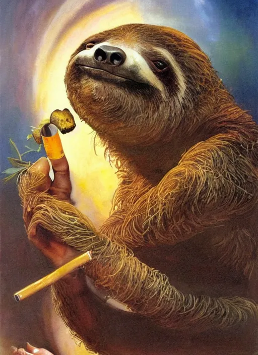 Image similar to ultra realistic portrait painting of a stoner as a sloth smoking a lit joint, art by frank frazetta, 4 k, ultra realistic, highly detailed, epic lighting