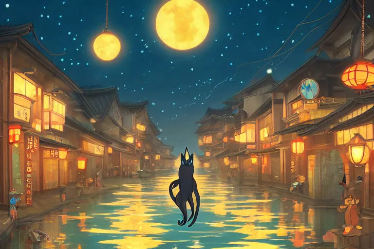 Prompt: fantasy art of glowing cute caracal swimming in the air, in the streets of a japanese town at night, with people watching in wonder, in the style of ponyo, highly detailed digital art, trending on artstation