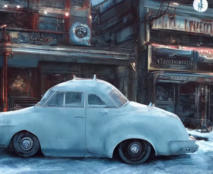 Image similar to an ice sculpture of a vintage car from fallout 4, digital art by studio ghibli and greg rutkowski, beautiful, cold environment, hyperrealism artstyle, amazing lighting