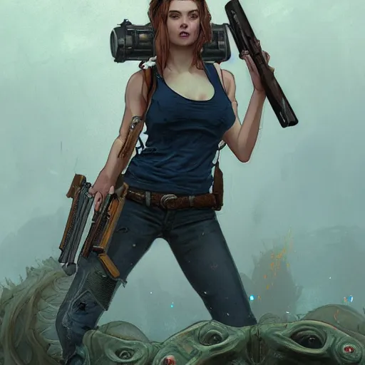 Image similar to Full body portrait of a beautiful young woman wearing a tank top and jeans shooting a Lovecraftian monster with a shotgun, horror, digital painting, detailed, artstation, Greg Rutkowski, Artgerm, Alphonse Mucha