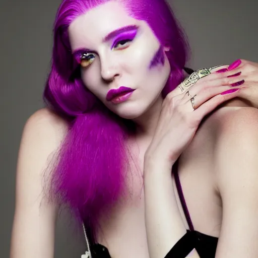 Image similar to a portrait of star st. germain with pink hair, purple eyebrows, and a septum ring, editorial fashion photography