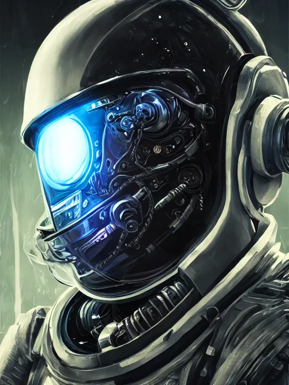 Prompt: portrait art of 8k ultra realistic retro futuristic astronaut, side profile, helmet visor smashed, , glow around helmet, deep space , detailed intricate ornate armour,eldritch horror,blade runner, cybernetic, full of colour, cinematic lighting, trending on artstation, 4k, hyperrealistic, focused, extreme details,unreal engine 5, cinematic, masterpiece, art by ayami kojima, giger