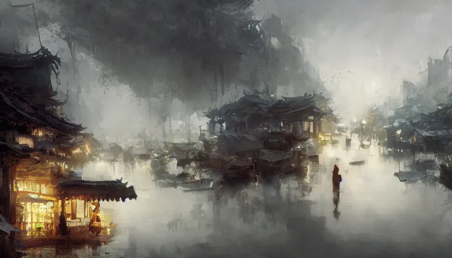 Image similar to craig mullins and wenjun lin zhongyuan festival ， lanterns ， river ， dark sky ， fire clouds ， ， village ， ghost ， unreal engine, hyper realism, realistic shading, cinematic composition, realistic render, octane render, detailed textures, photorealistic, wide shot