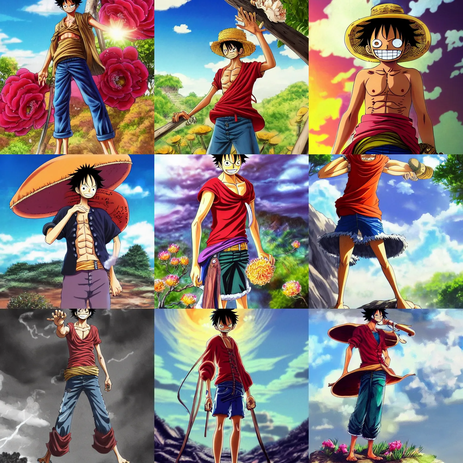 Prompt: concept art of luffy (one piece anime) hiking wearing boho clothing and peonies, standing silhouette against the sun, bestselling movie art poster, official media, 1970s fashion, official anime media, elegant decollete, sculpture, fog and rain, dynamic pose, thunder clouds in the sky, nature, illustration, intimidating lighting, incredible art by artgerm and greg rutkowski
