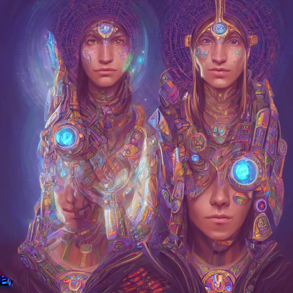 Image similar to portrait of a future metaverse ayahuasca tech shaman warrior, 2 d cartoon, visionary art, symmetric, magick symbols, holy halo, shipibo patterns, sci - fi, concept art, trending on art station, 8 k digital art, by mandy jurgens, fantasy portrait art, anime