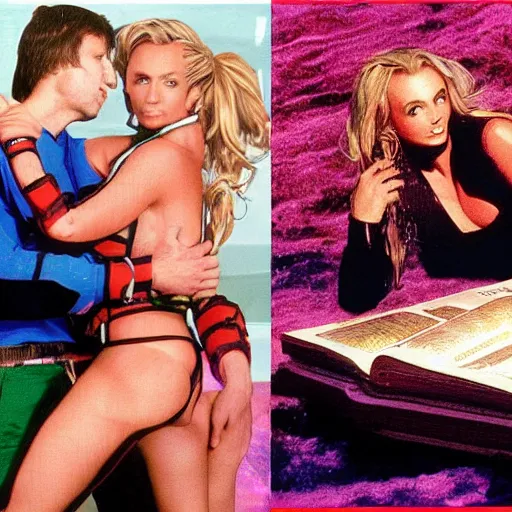 Image similar to SNES graphics playing Xbox 360 but it's a Sega Genesis making out with Britney Spears on a page of a book that looks like a geological terrain