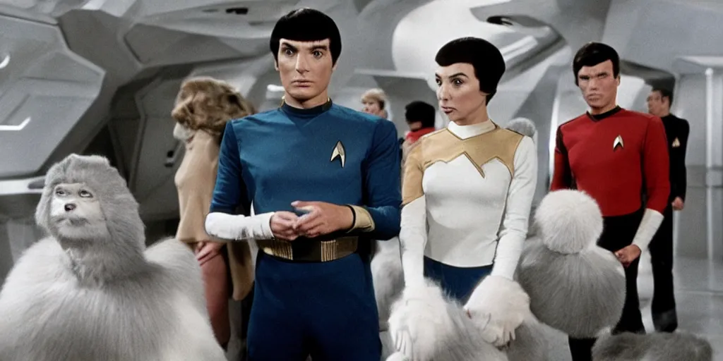 Image similar to a scene from Trouble with Tribbles, an episode of the original Star Trek series, with Gal Gadot, in Starfleet uniform, in the role of Captain Kirk