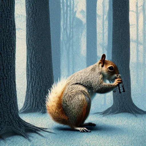 Prompt: an old squirrel walking with a walking cane, painted by Mike Winkelmann