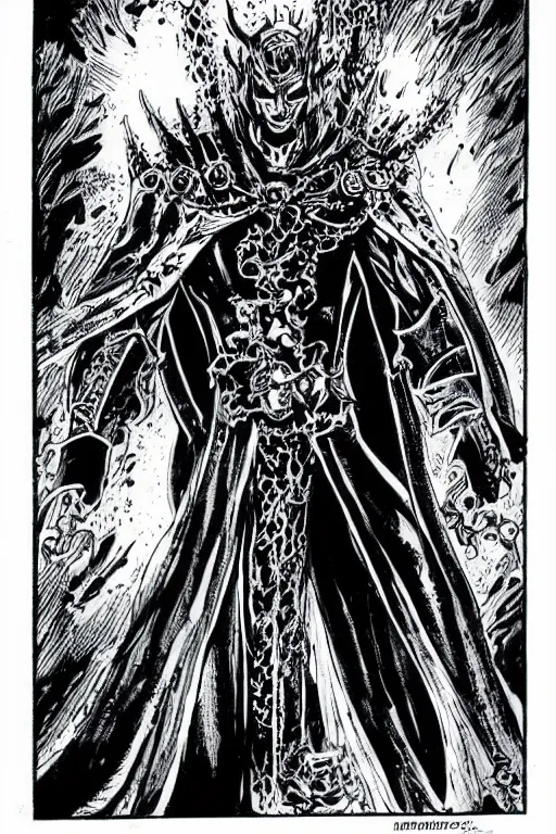 Prompt: black ink comic art eldritch portrait of a lich king cenobite by todd mcfarlane