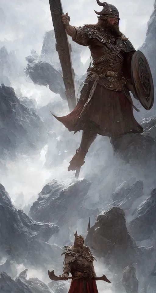 Prompt: the viking stands triumphantly as he enters the majestic gates of valhalla. highly detailed, digital painting, artstation, smooth, sharp focus, masterpiece, stunning concept art by ruan jia and jakub rebelka and artgerm and greg rutkowski and ralph mcquarrie and android jones