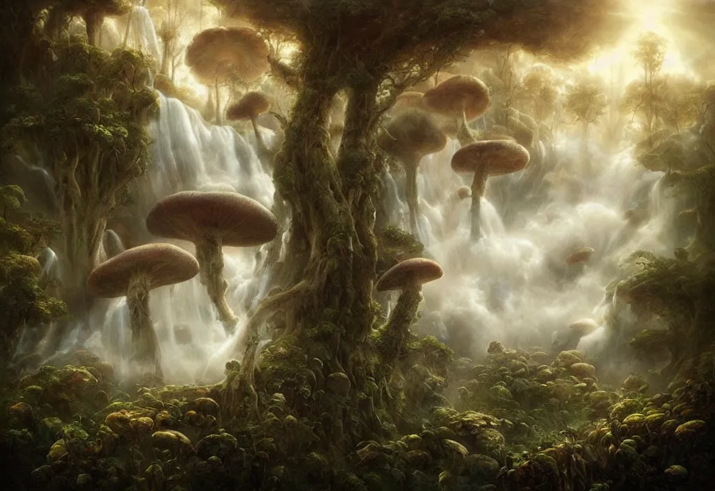 Prompt: floating lands in-clouds, foggy, volumetric fog, flying whales, sun beams, blooming, bird flocks!!, giant mushrooms, waterfalls, lianas and roots; by Tom Bagshaw, Ivan Shishkin, Hans Thoma, Asher Brown Durand