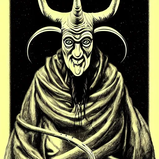 Prompt: graphic illustration, creative design, aleister crowley as baphomet, biopunk, francis bacon, highly detailed, hunter s thompson, concept art