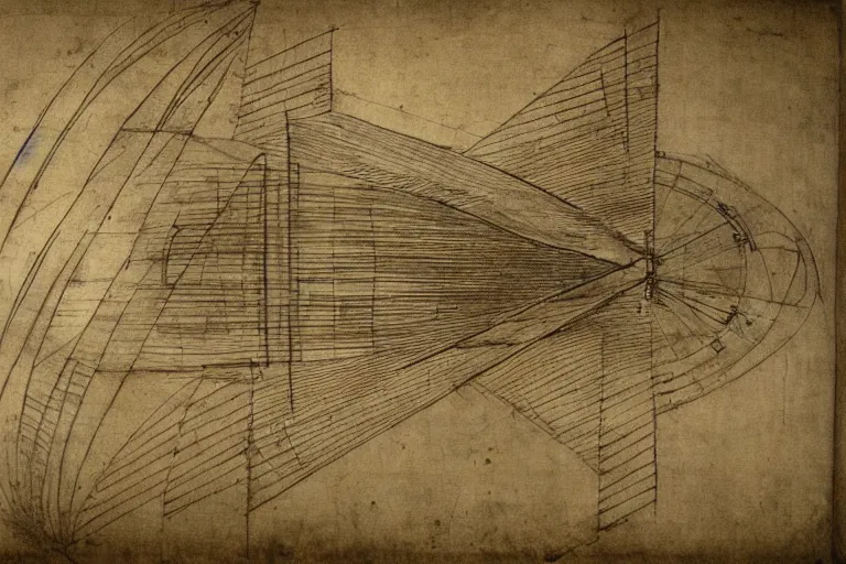 Image similar to engineering sketch by leonardo davinci of a warp drive