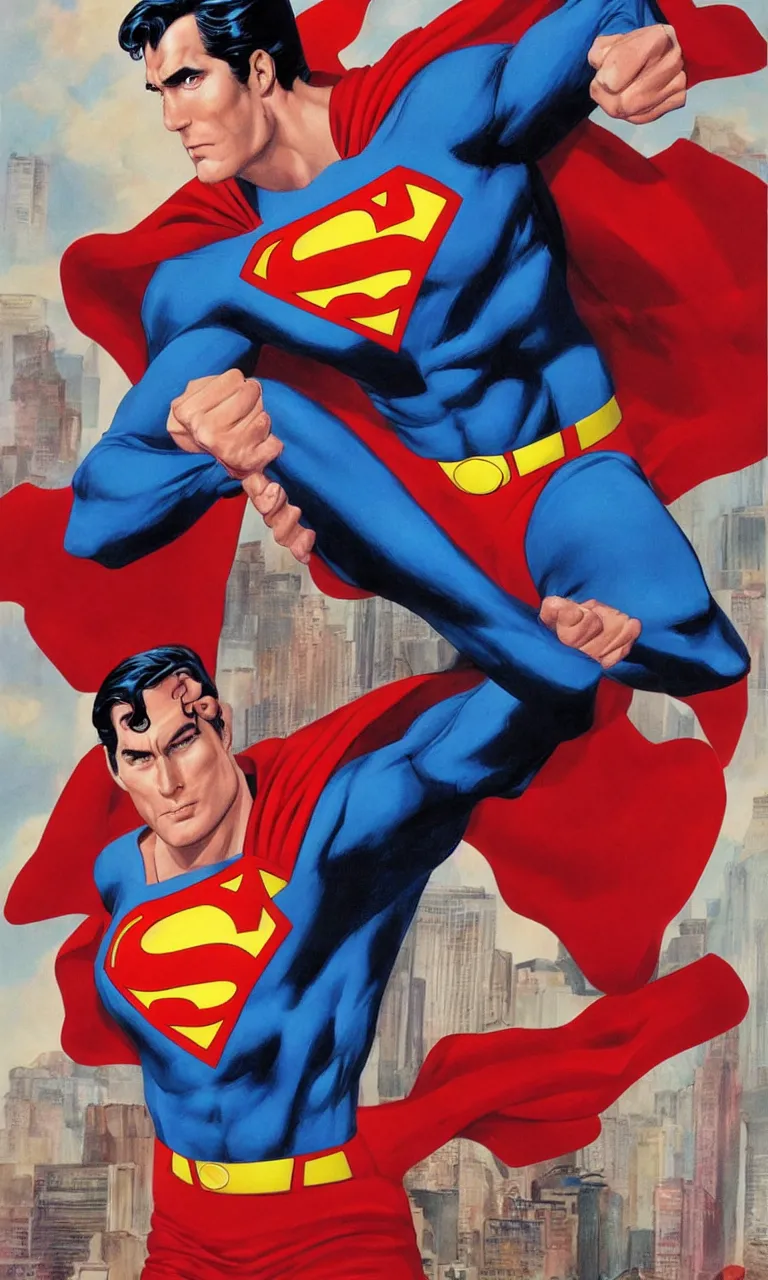 Image similar to a famous handsome actor as superman by alex ross