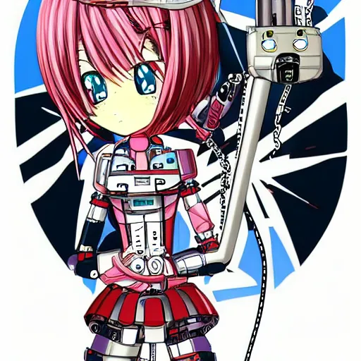 Image similar to Anime manga robot!! Anime girl, cyborg girl, exposed wires and gears, fully robotic!! girl, manga!! in the style of Junji Ito and Naoko Takeuchi, cute!! chibi!!! Schoolgirl, epic full color illustration, tattoo