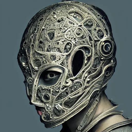 Image similar to Very very very very highly detailed epic central composition studio photography of face with venetian mask, intricate, dystopian, sci-fi, extremely detailed, digital painting, artstation, concept art, smooth, sharp focus, illustration, intimidating lighting, incredible art by Tokujin Yoshioka and Anton Pieck