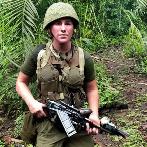 Image similar to elisha cutbert as a commando in a jungle battlefield