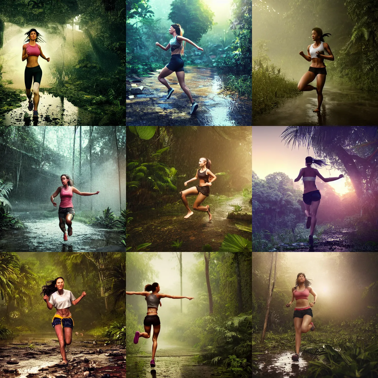Prompt: adventure girl runs fearfully in jungle rain, soaking wet, white!! tshirt tied in knot, torn clothing, short dark hair, sweaty abs, sunset, realistic, unreal engine render, atmospheric haze, golden hour, mid distance
