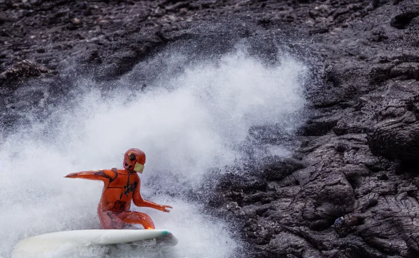 Image similar to surfing down a river of lava on the side of a volcano, action shot, dystopian, motion blur, sharp focus, imax