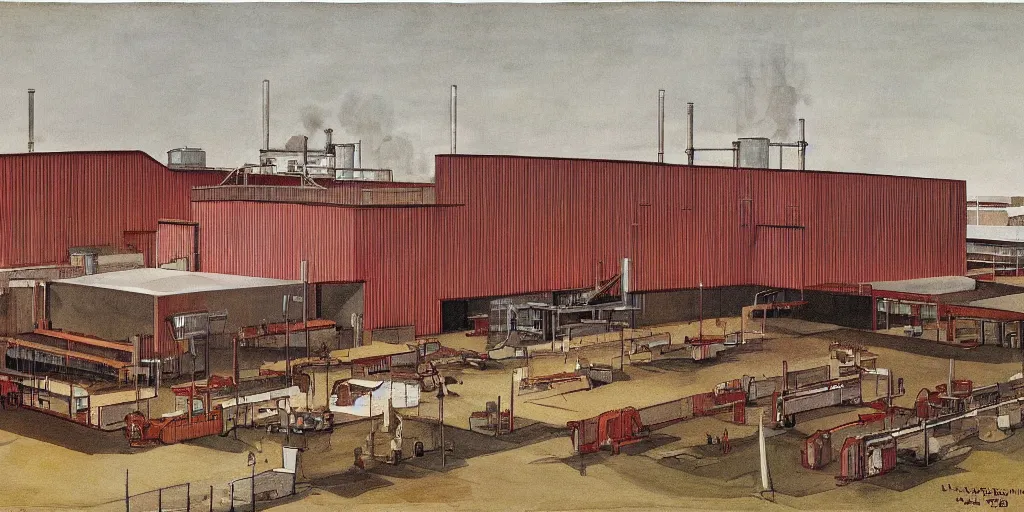 Prompt: painting of a meat processing plant, hariton pushwagner