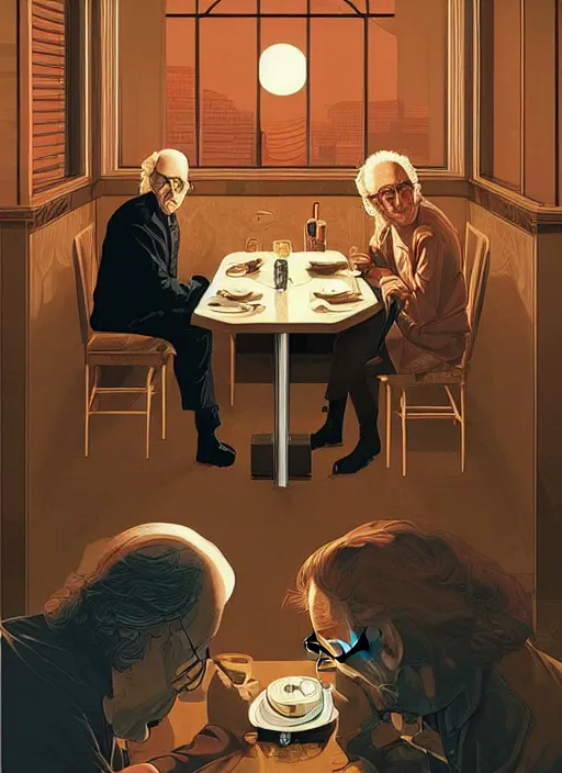 Prompt: poster artwork by Michael Whelan and Tomer Hanuka, Karol Bak of Larry David!!!!!! sitting alone in an empty diner at night, no one around, deserted, from scene from Twin Peaks, clean, simple illustration, nostalgic, domestic, full of details