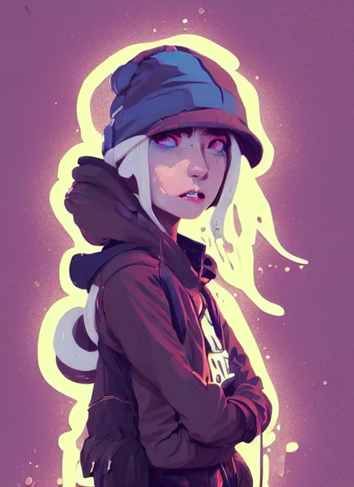 Prompt: highly detailed portrait of a sewer punk lady student, blue eyes, hoodie, tall spiral white hair by atey ghailan, by greg rutkowski, by greg tocchini, by james gilleard, by joe fenton, by kaethe butcher, gradient gold, black, brown and pink color scheme, grunge aesthetic!!! ( ( graffiti tag wall background ) )
