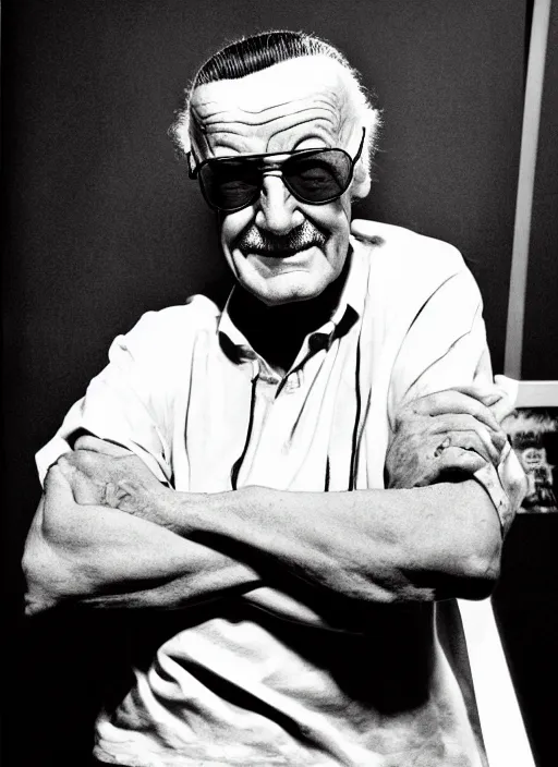 Prompt: stan lee, high contrast, standing, portrait, facing forward, face in focus, art by Frank Miller