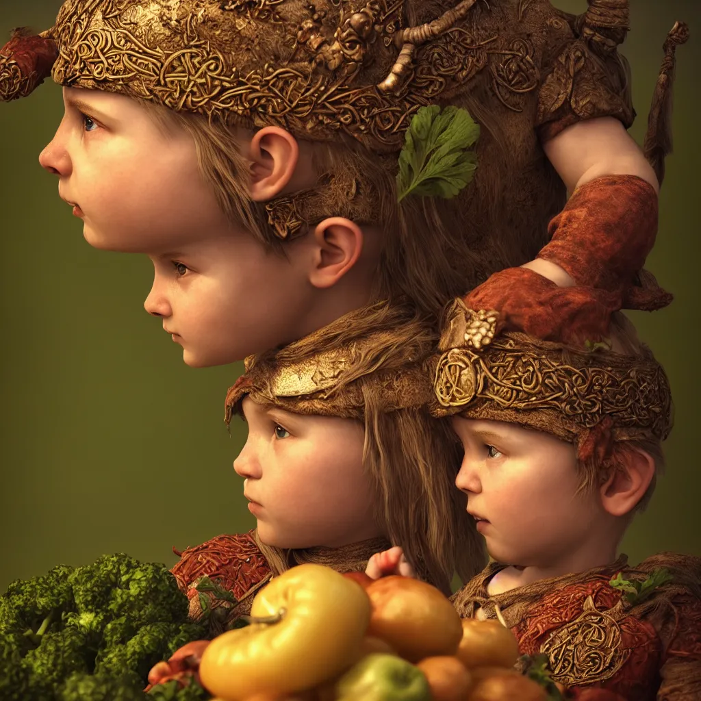 Image similar to profile picture of a Viking child holding vegetables, intricate, ornate, photorealistic, ultra detailed, octane render, high definition, depth of field, bokeh, 8k, artstation, cgsociety