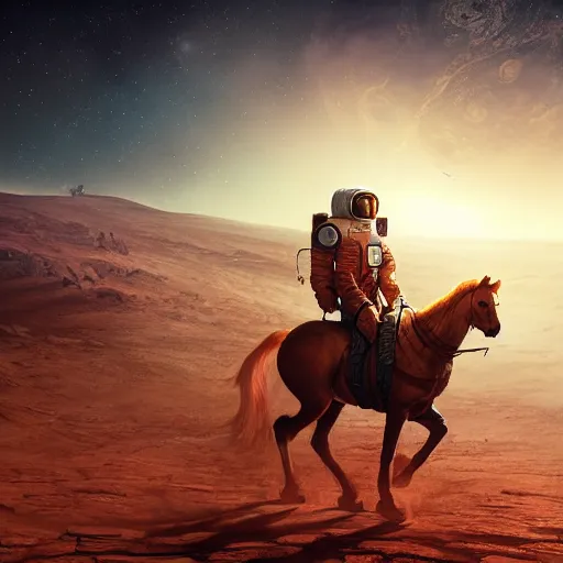 Image similar to portrait of the astronaut riding a horse in Mars, realistic character concept, high fantasy, light atmosphere, golden ratio, cinematic lighting, hyperdetailed, high resolution, insanely detailed and intricate, artstation, Marc Simonetti, Greg Rutkowski, octane render, unreal engine, 8k