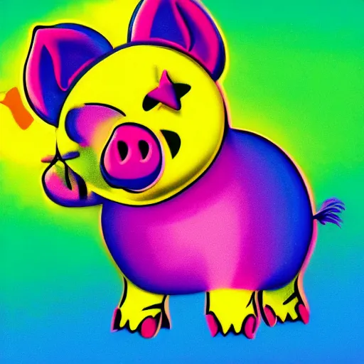 Image similar to lisa frank dashing pig wearing a simple gold throwing a football in the style of peter max