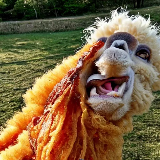 Prompt: a bacalaito fritter<photobomb>alpaca</photobomb>