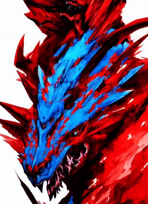 Image similar to Majestic red dragon with blue eyes. In style of Yoji Shinkawa and Hyung-tae Kim, trending on ArtStation, dark fantasy, great composition, concept art, highly detailed.
