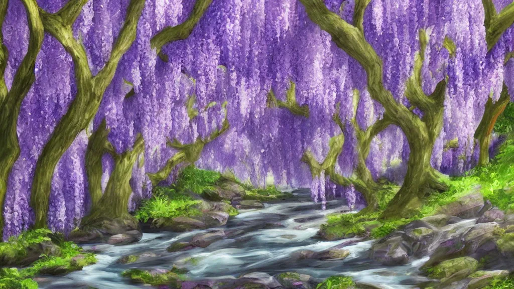 Prompt: wisteria forest with a narrow rocky purple river flowing through it. digital painting. trending on artstation.