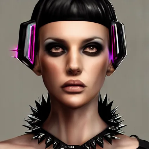 Image similar to an adult cyberpunk woman wearing large spiked punk collar, portrait, 4K, digital art, deviantart, artstation,