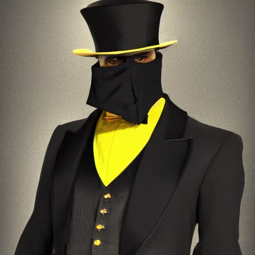 Image similar to a highly detailed portrait of a man in a high top hat covering his face, in a black tailcoat with a yellow waistcoat under the tailcoat, artstation, deviantart, professional, unreal engine 5, photorealistic