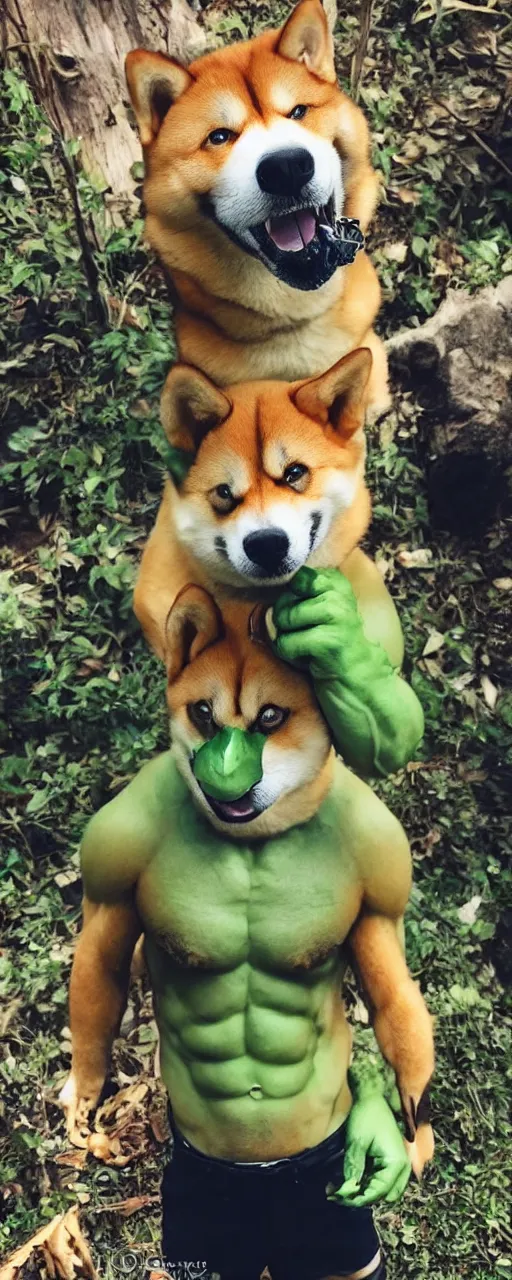 Image similar to a fantasy character with a cute shiba inu head and the incredible hulk body ， cinematic ， unreal 5 ， photography ， 5 5 mm ， aperture f 1. 4