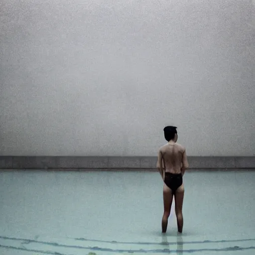 Image similar to empty swimming pool, dark, moody, foggy, liminal, made by Sean Yoro, Zhang Kechun and Chie Yoshii, washed colors, high details, realistic