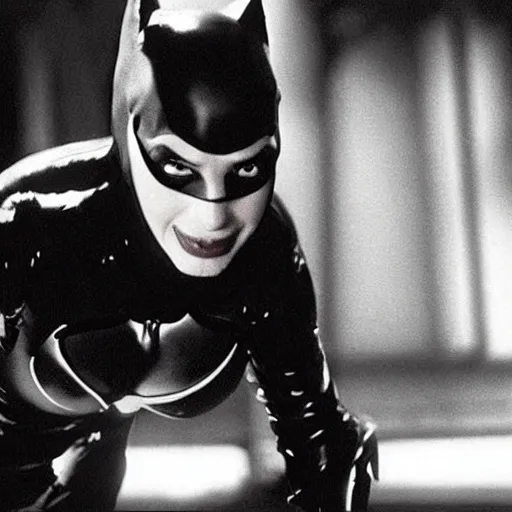 Image similar to “a still of Nathan Fielder as Catwoman in Batman Returns”