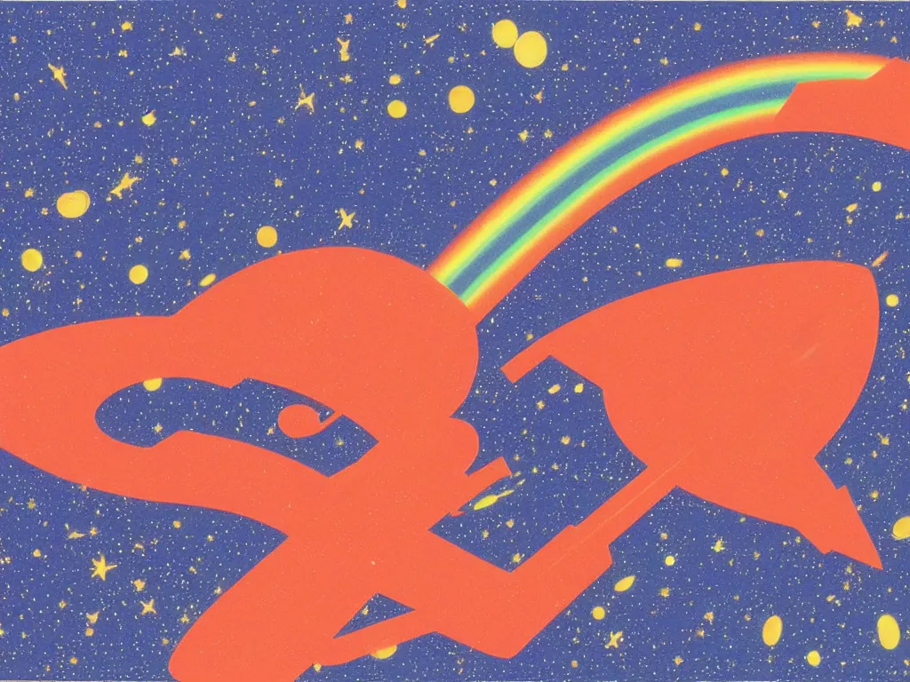 Prompt: the perfect spaceship flying and squirting fluorescent liquid in the universe, small reflecting rainbow stars, flat design, screen print by Kawase Hasui and Yves Klein