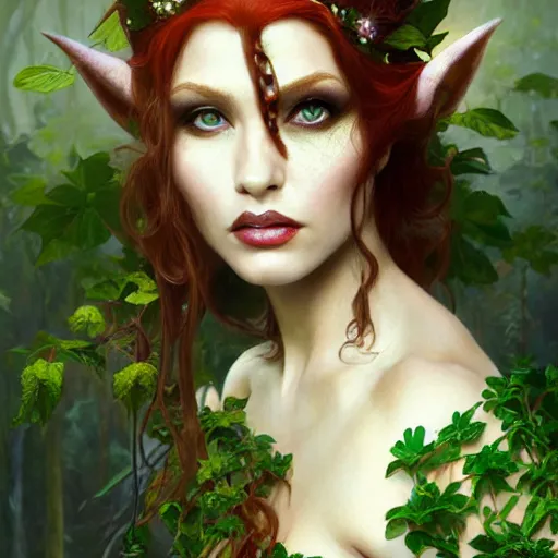 Image similar to a beautiful and detailed matte painting of poison ivy dressed as an elf queen, fantasy, d & d, dark eyeliner, intricate, elegant, highly detailed, digital painting, artstation, concept art, matte, sharp focus, illustration, art by greg rutkowski and alphonse mucha