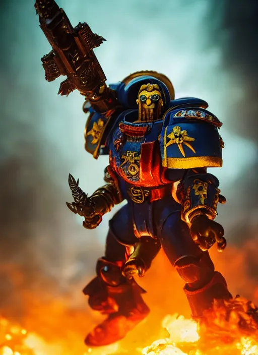 Image similar to Barry Chuckle as a Warhammer 40K Space Marine, movie still, cinematic lighting, dramatic, octane render, long lens, shallow depth of field, 8k, hyper detailed, 35mm film grain