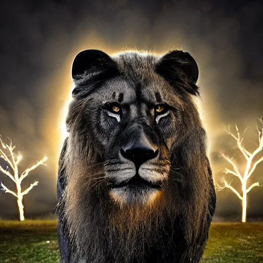 Prompt: epic photography of black lion with gold lightnings in the fur surrounded by ancient trees, colossal scale, photorealistic, high details, intricate by Nick Nichols and Evgeniy Antonenkov