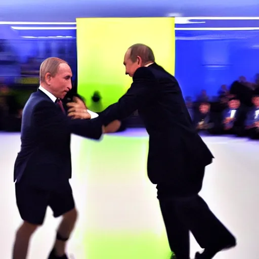 Prompt: a box fight between Volodymyr Zelensky and Vladimir Putin. Strong light. Blurred background.