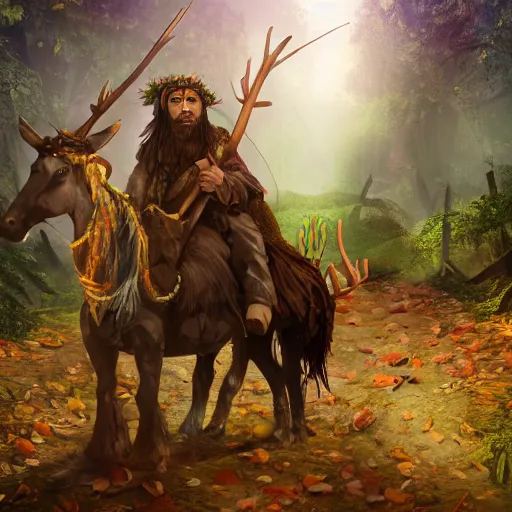 Image similar to hippie tribal hobo wearing twigs and leaves smiling sheepishly, riding tiny scuffy donkey with novelty oversized antlers, autumn forest, highly detailed, dramatic lighting, night time, cinematic, hyperrealistic, detailed, movie still from game of thrones