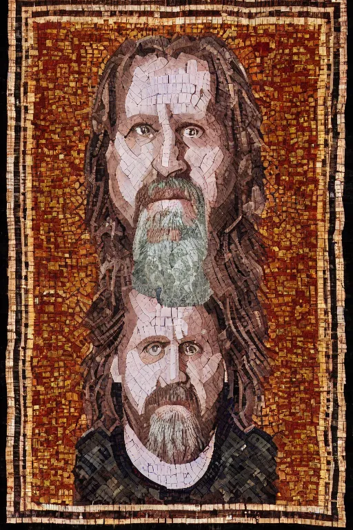 Image similar to intricate and beautifully arranged roman mosaic portrait of the dude from the big Lebowski in the style of a Persian carpet, 8k