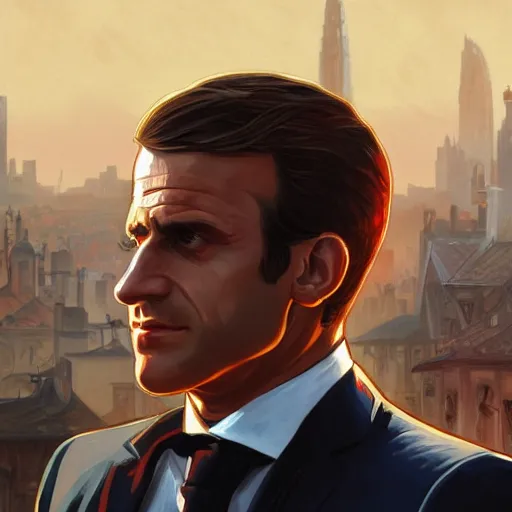 Prompt: [Flamboyant Macron as GTA character, propaganda, closeup, D&D, intricate, elegant, highly detailed, digital painting, artstation, concept art, matte, sharp focus, illustration, art by Artgerm and Greg Rutkowski and Alphonse Mucha]